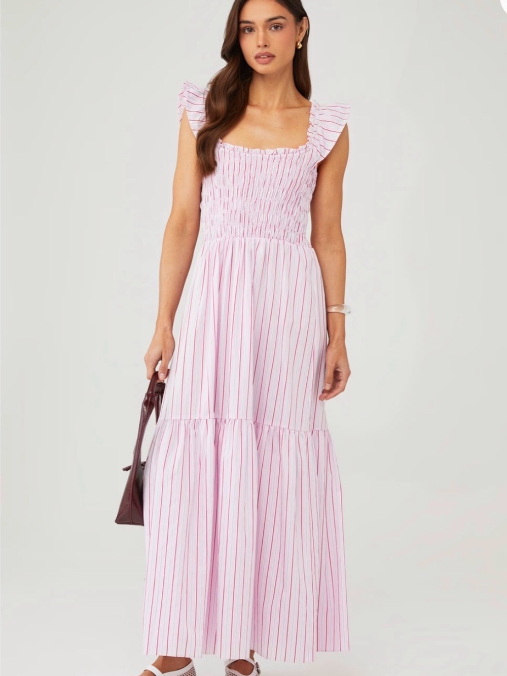 Faithfull the Brand Andrea in Fiori Pink/White Striped Smocked Maxi Dress Sz 8